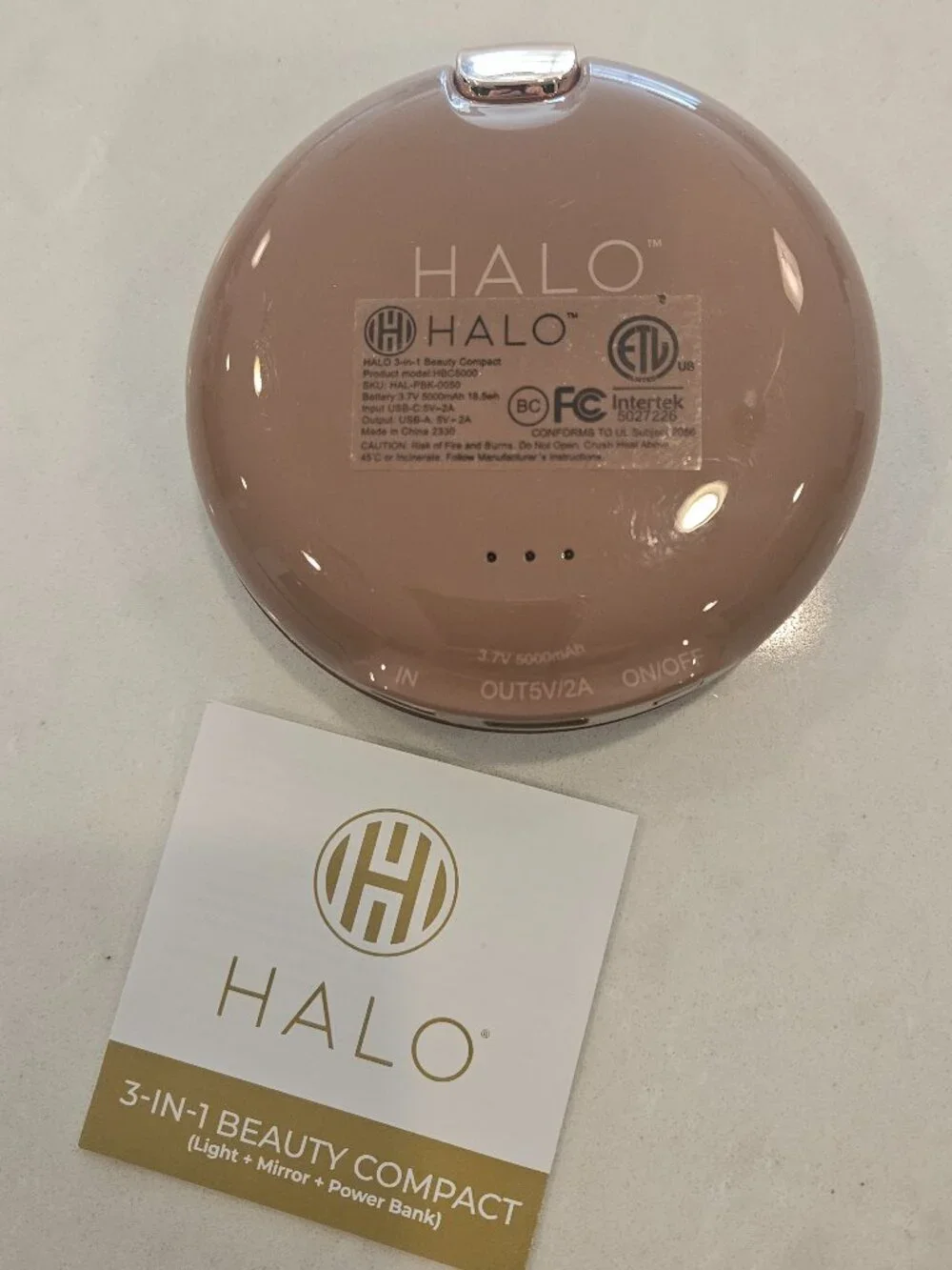 HALO Power Bank 3-in-1 Light Mirror Power Bank Compact w/ Charging Cable - Taupe
